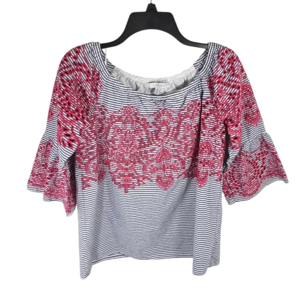 {FEVER} Blue White Striped Red Eyelet Embroidery Blouse - Size Medium